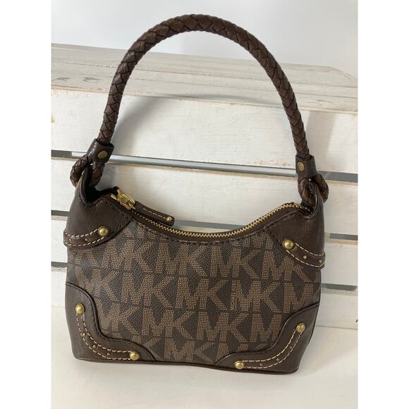 MICHAEL KORS, MINI BROWN SIGNATURE PRINT LEATHER HANDBAG - Picture 1 of 16